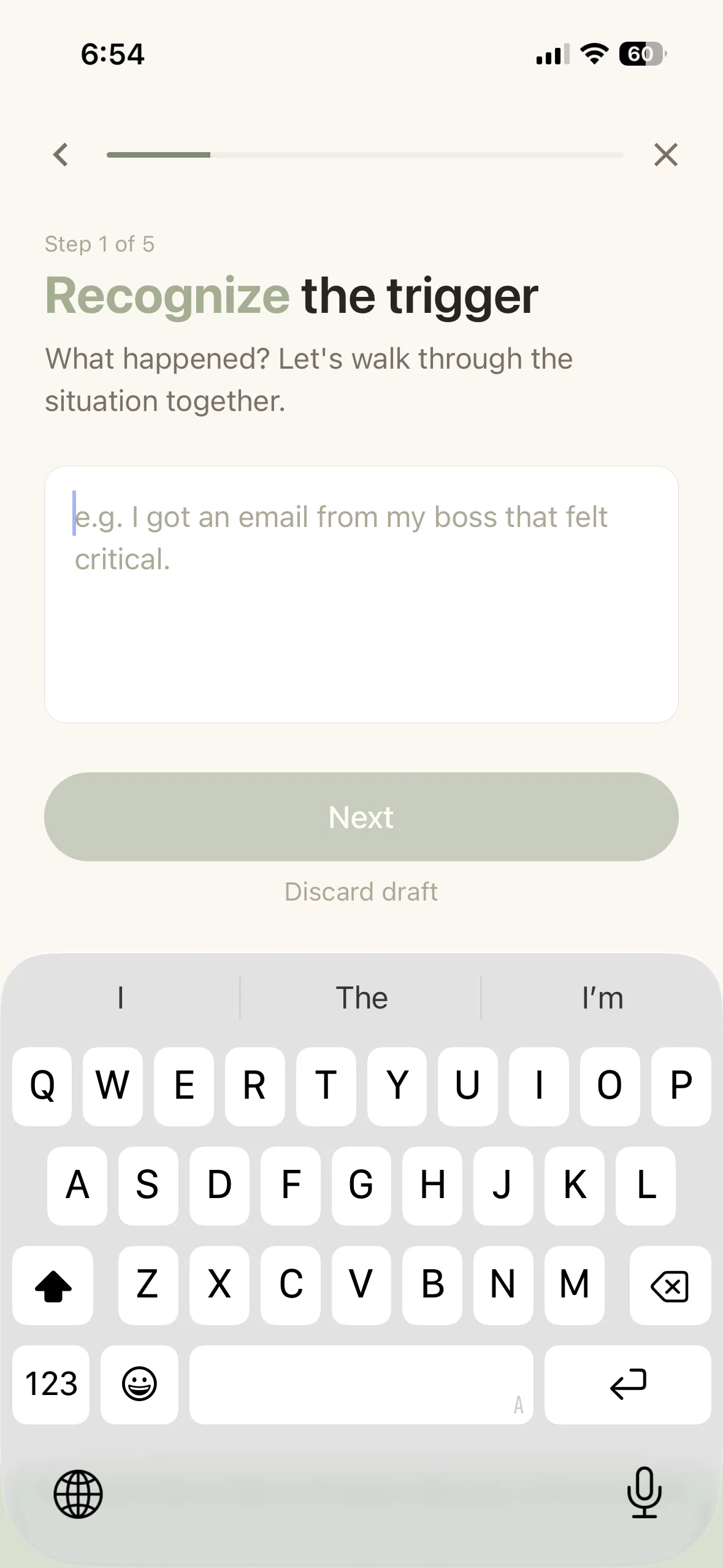 The Reframe app on iPhone — step 1 of 5, Recognize: walk through the trigger and what happened.