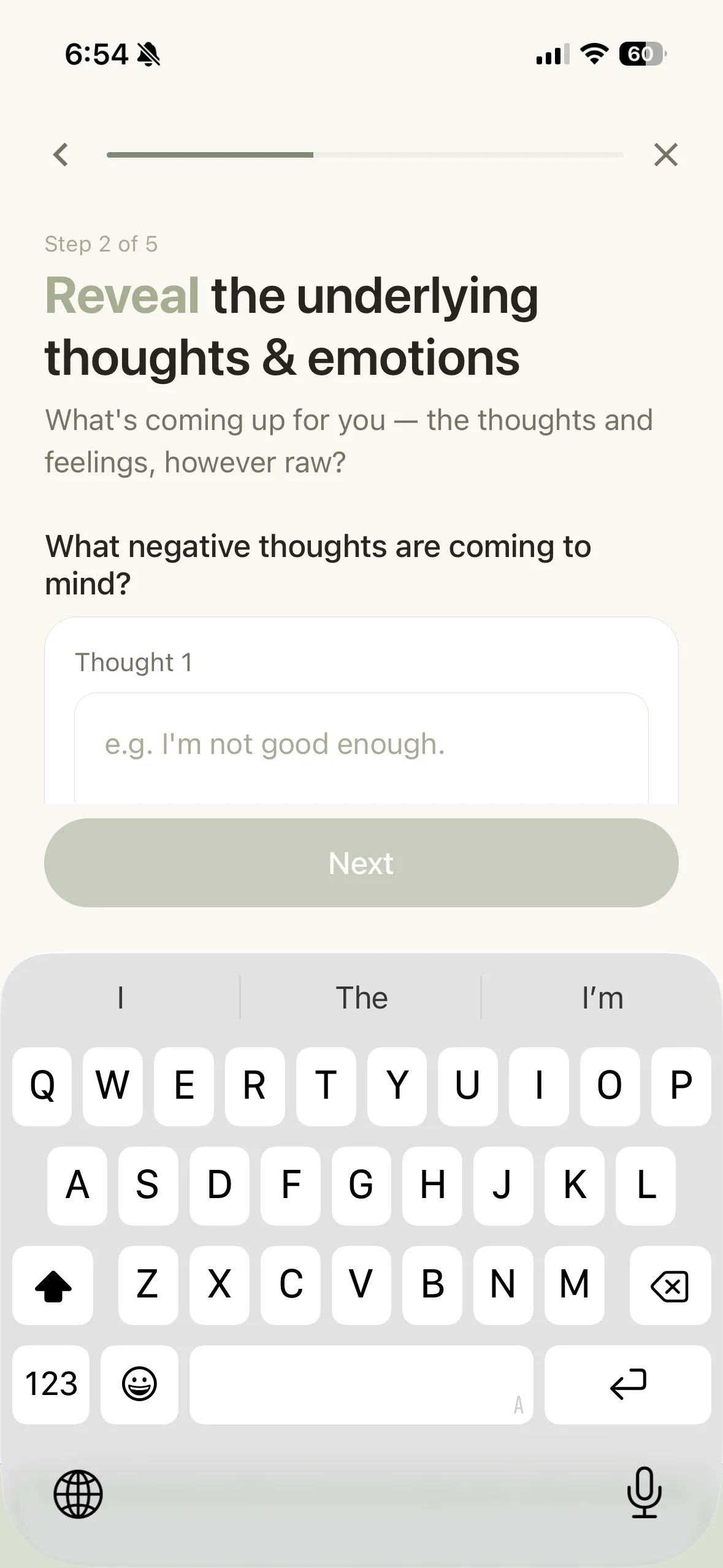 The Reframe app on iPhone — step 2 of 5, Reveal: the thoughts and feelings underneath.