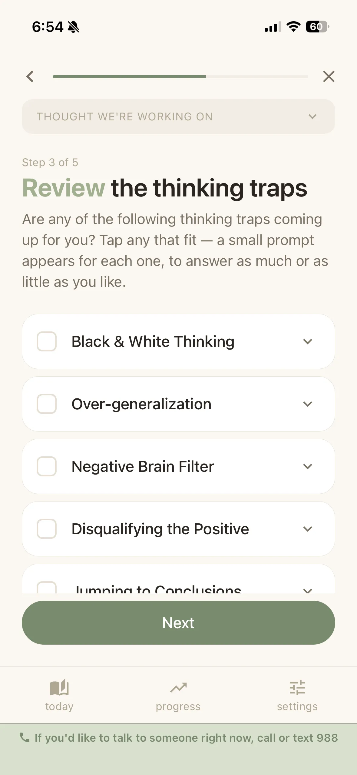 The Reframe app on iPhone — step 3 of 5, Review: the thinking traps coming up for you.