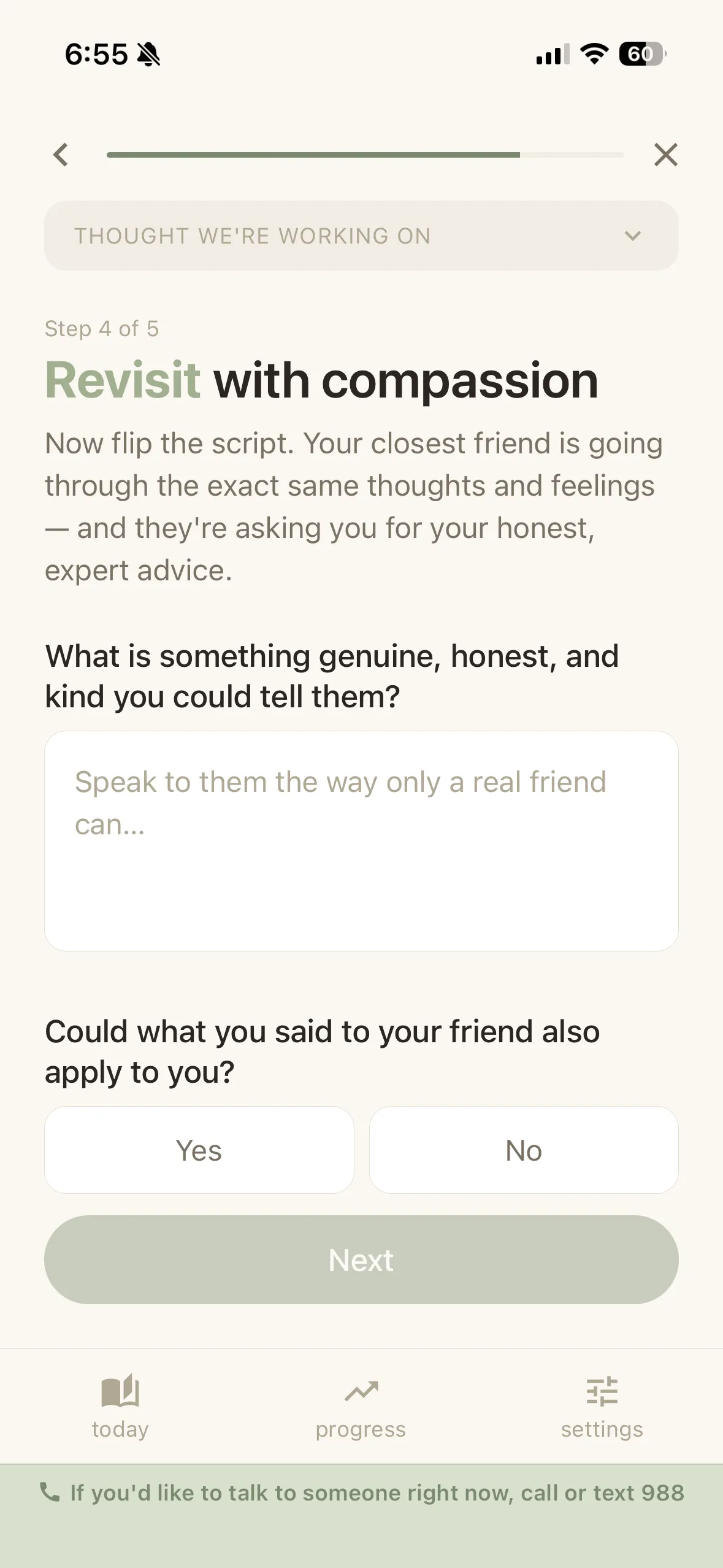 The Reframe app on iPhone — step 4 of 5, Revisit: speak to yourself like a good friend.